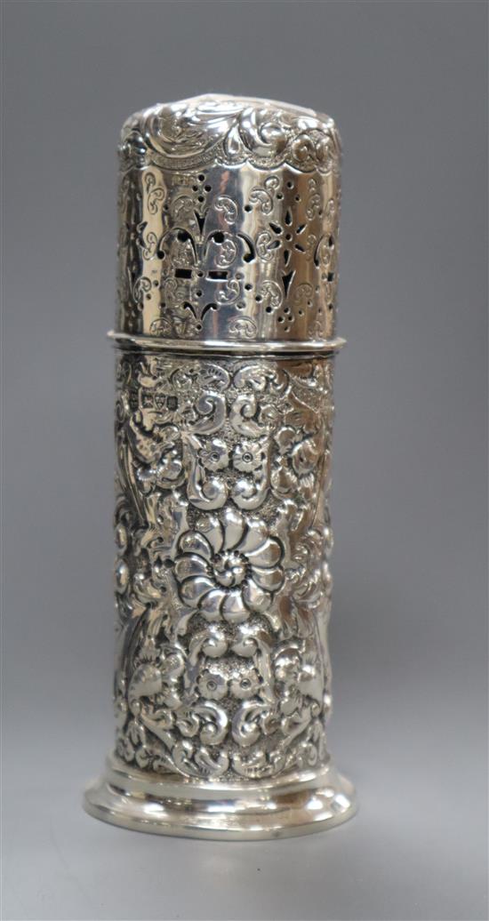An Edwardian repousse silver lighthouse sugar caster, Nathan & Hayes, Chester, 1902, 3.5 oz.